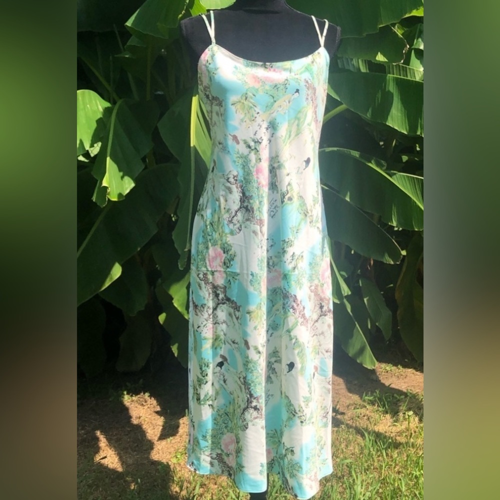 Natori Cruz Aqua Blue Geisha Girl Garden Long Nightgown Size M